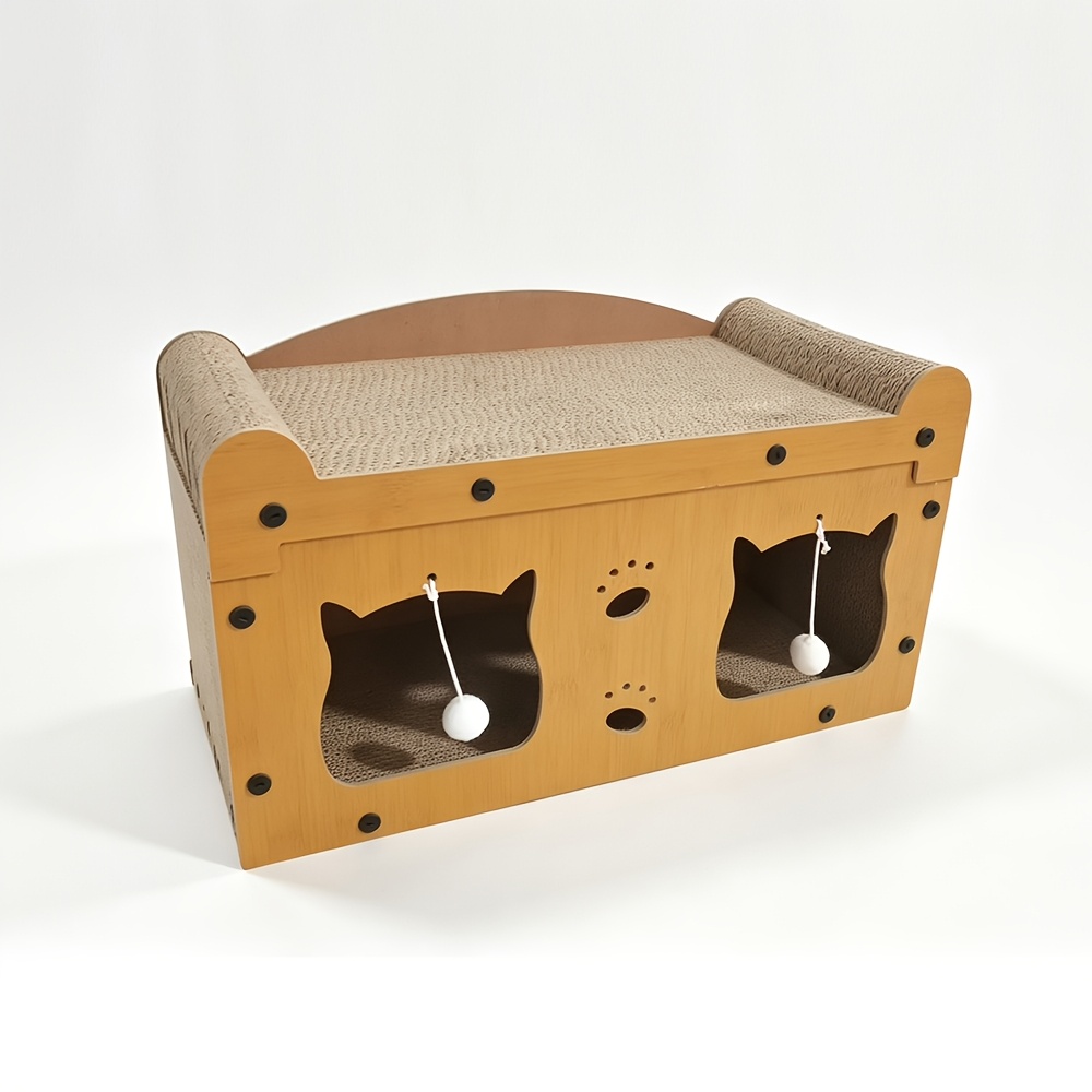 TEMU Corrugated Cardboard Double Layer Cat Scratching Board Cat Bed, With Teaser Ball Toy Multifunctional Cat House, Wear-resistant And