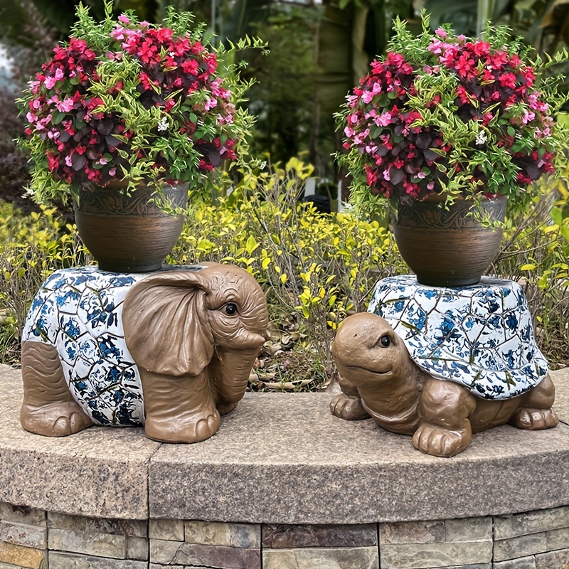 

1pc Resin Garden Stool, Blue And White Resin Animal Sculpture, Outdoor Decor, Patio Accent, Elephant & Turtle Design (14. 96"x10. 24"x8. 27"), Home Decor, Lawn Ornament