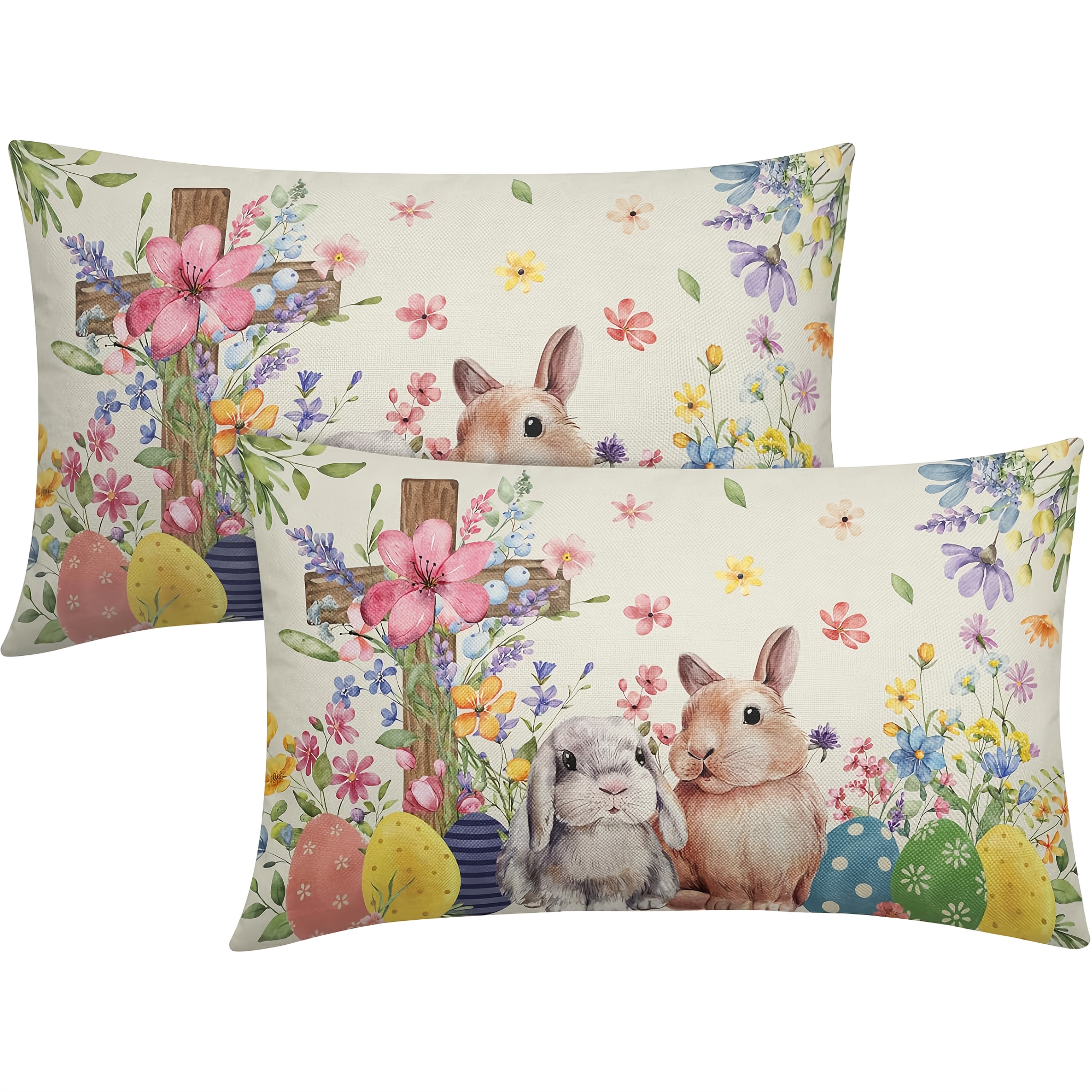 

2pcs Linen Easter Bunny Pillow Covers, Contemporary Floral Design, Machine Washable Zippered Lumbar Cushion Cases For Home & Outdoor Decor, Farmhouse Style Sofa & Bed Accents (no Insert)