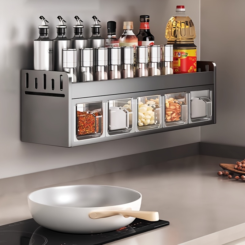 E-shop Wandmontiertes Gewürzregal - Bohrfreie Installation, Aufbewahrungsregal mit 5 Gewürzgläsern, Robuste Aluminiumlegierung, Platzsparende Küche und