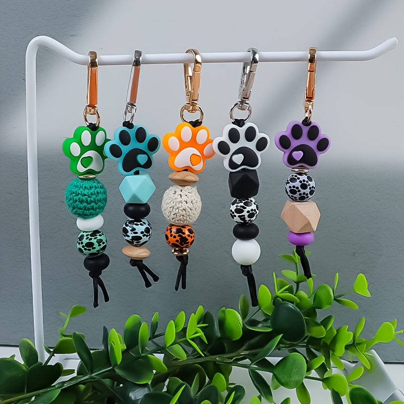 E-shop 5er-Pack Schlüsselanhänger mit Pfotenabdruck und Perlen | Multicolor, Tierdruck-Details, Haustier-Themen-, Geburtstags- und Festival-Geschenke,