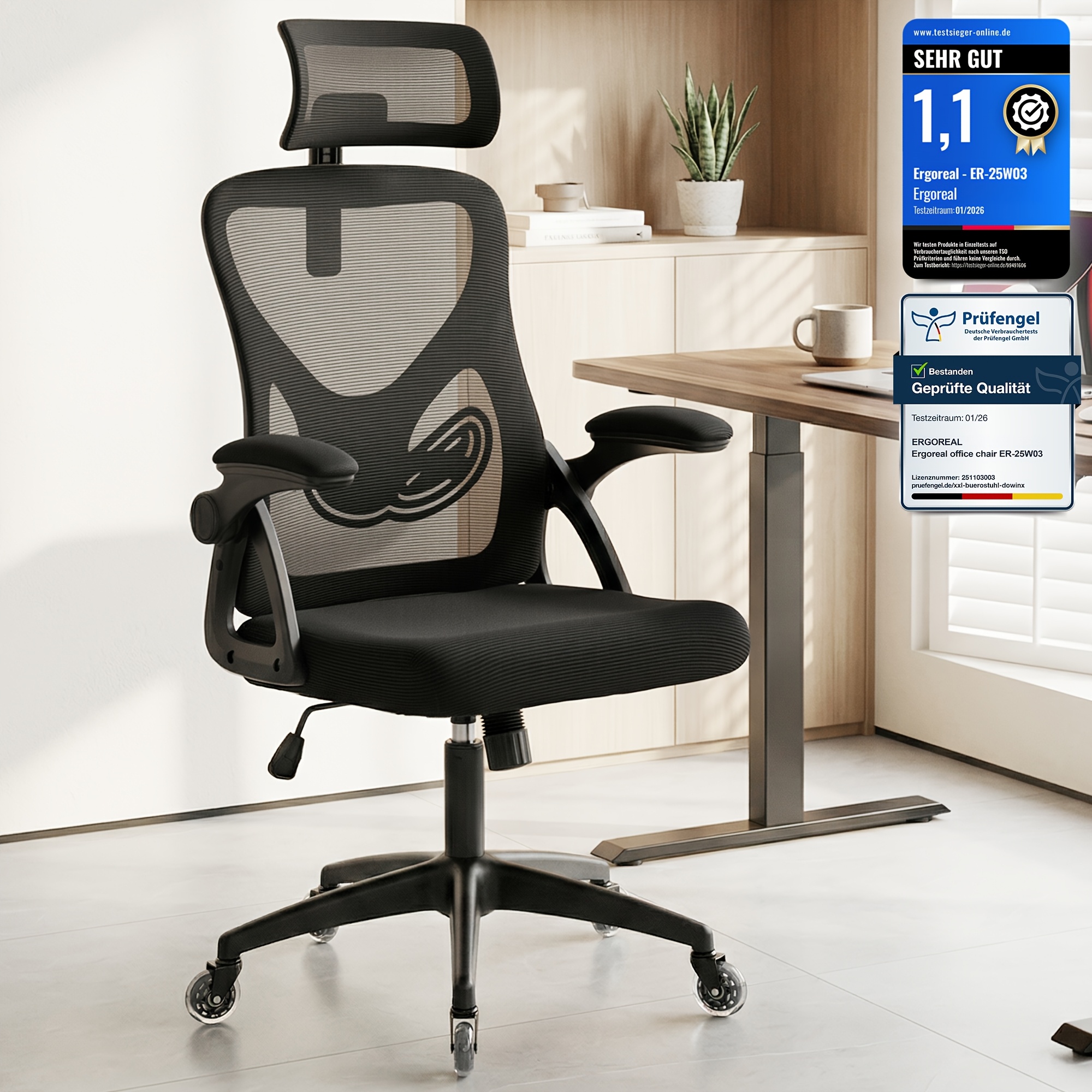 Ergonomic Office Chair With Adjustable Headrest Lumbar Support And Height - Foldable Armrest Desk Chair, Silent Casters, Multi-functional Home Office Computer Chair, 300 Lbs Load Capacity