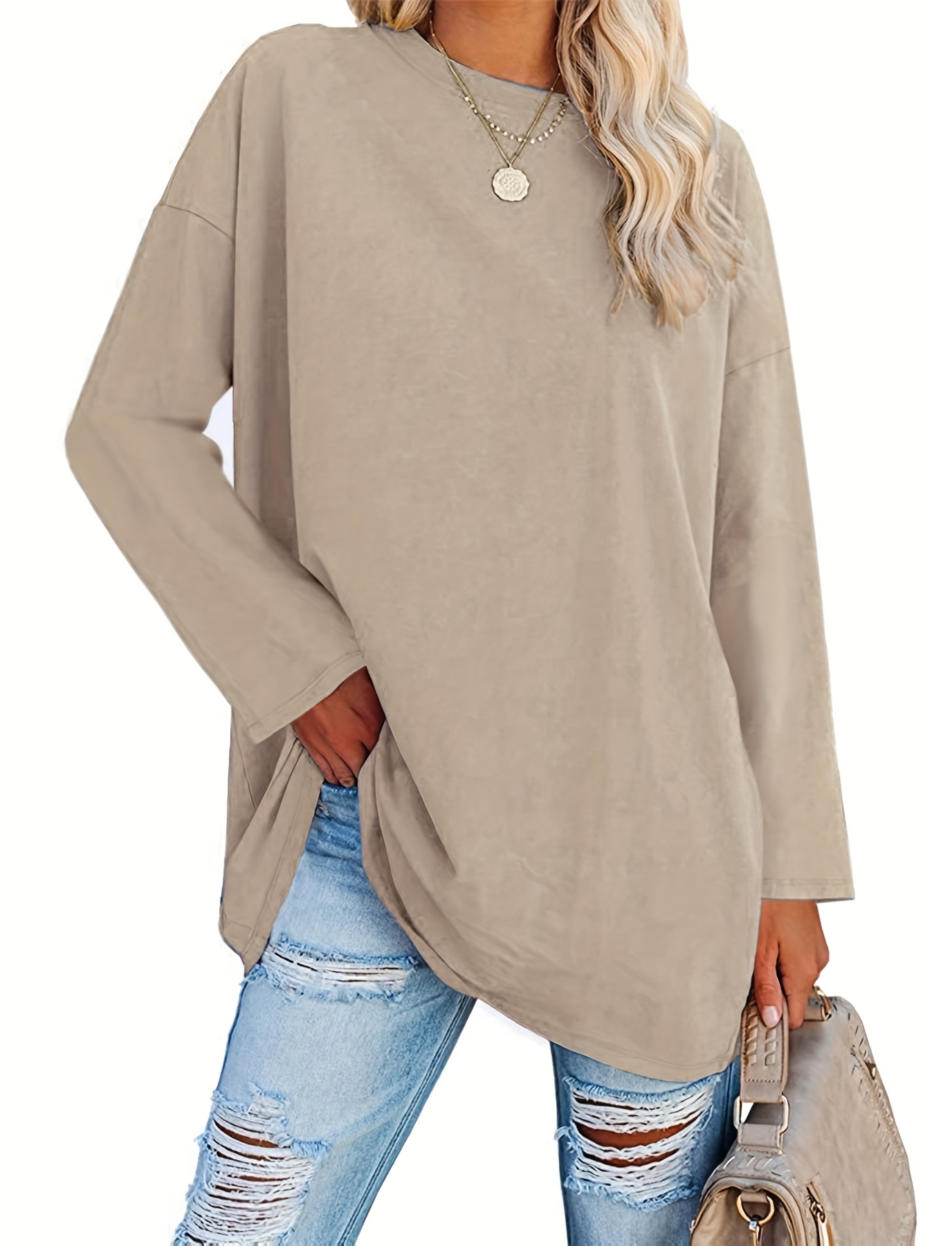 Moterys ilga marškinėlė, oversize, ilgi rankoviai, apykaklė/T-Shirt/Puloveris/Pradinė tunika