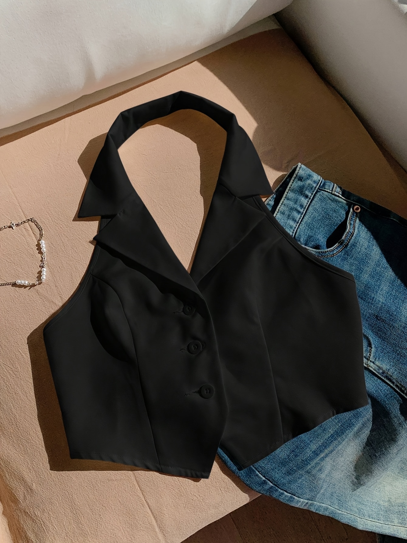 Women'S Stylish Sleeveless Button- Front Backless Blazer - Lightweight Polyester, Asymmetrical Design, Summer Jacket for Casual or Office Wear, Summer Fashion | Asymmetrical Jacket | Polyester Blaze