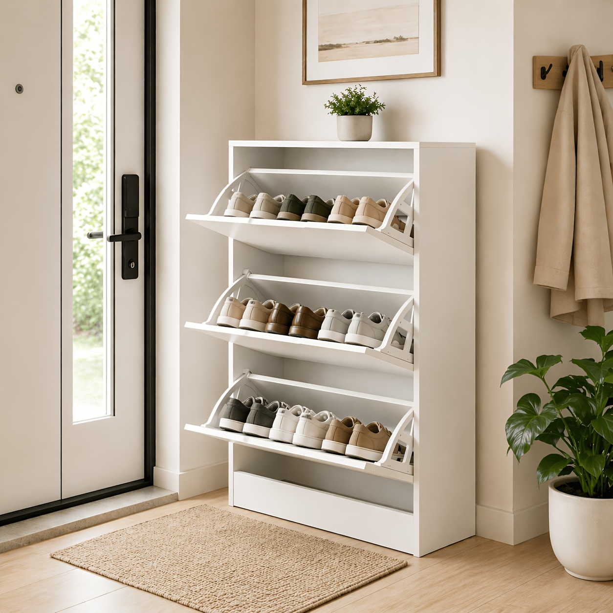 modern minimalist   3 tier shoe storage cabinet with flip door drawers large capacity narrow shoe organizer suitable for entryway hallway standing shoe rack with flip door doors space saving design for small spaces assembly