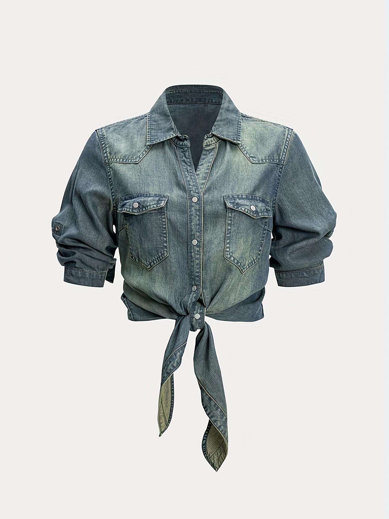 chemise en denim à manches courtes pour femmes avec poches à