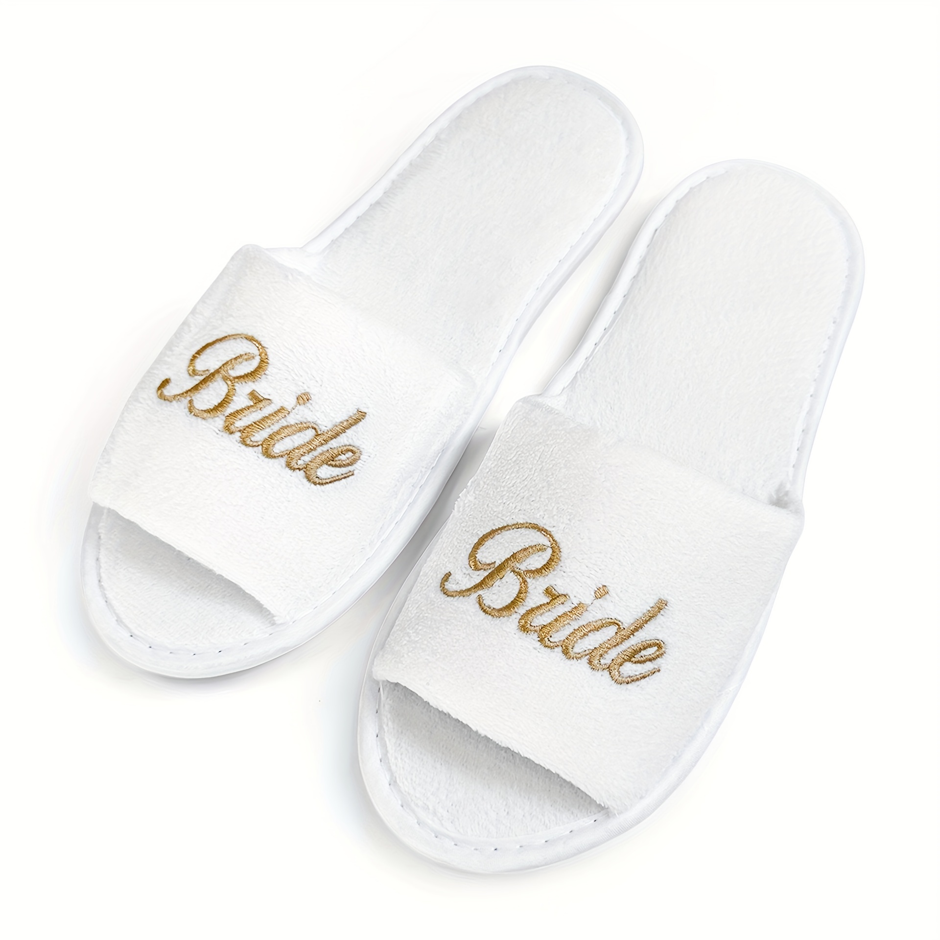 

Bridal Party Slippers Set, Open-toe With Golden Embroidery, Lightweight Plush , Non-slip Soft Sole For Bride & Bridesmaid, Wedding Party Guests Home Slip On Shoes