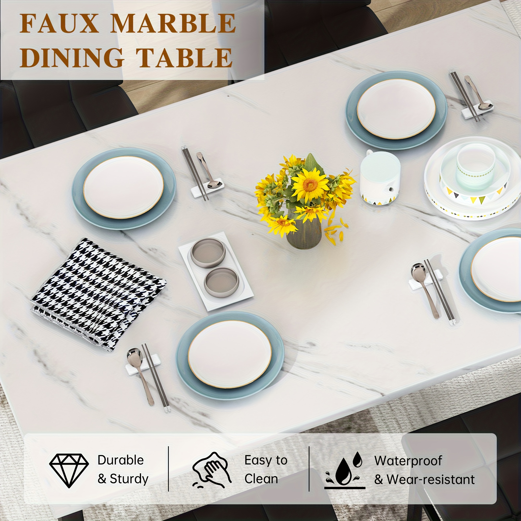 LAMERGE 5pcs Of Dining Table Set, Dining Room Table Set Can Be Used By 4 People, Kitchen Table Set, 1 Artificial Anti-marble Pattern Table And 4 Metal Legs Chairs, Suitable for Living Room, Dining Room, Kitchen Furniture