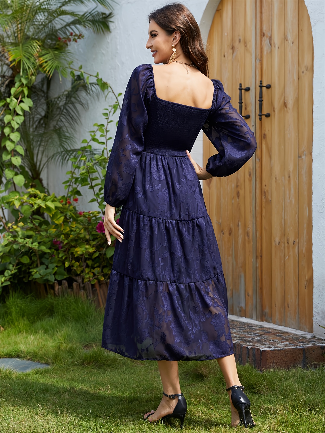 green emerald velvet dress Plus Size A Line Flowy Dresses Long Sleeve V Neck main image 1