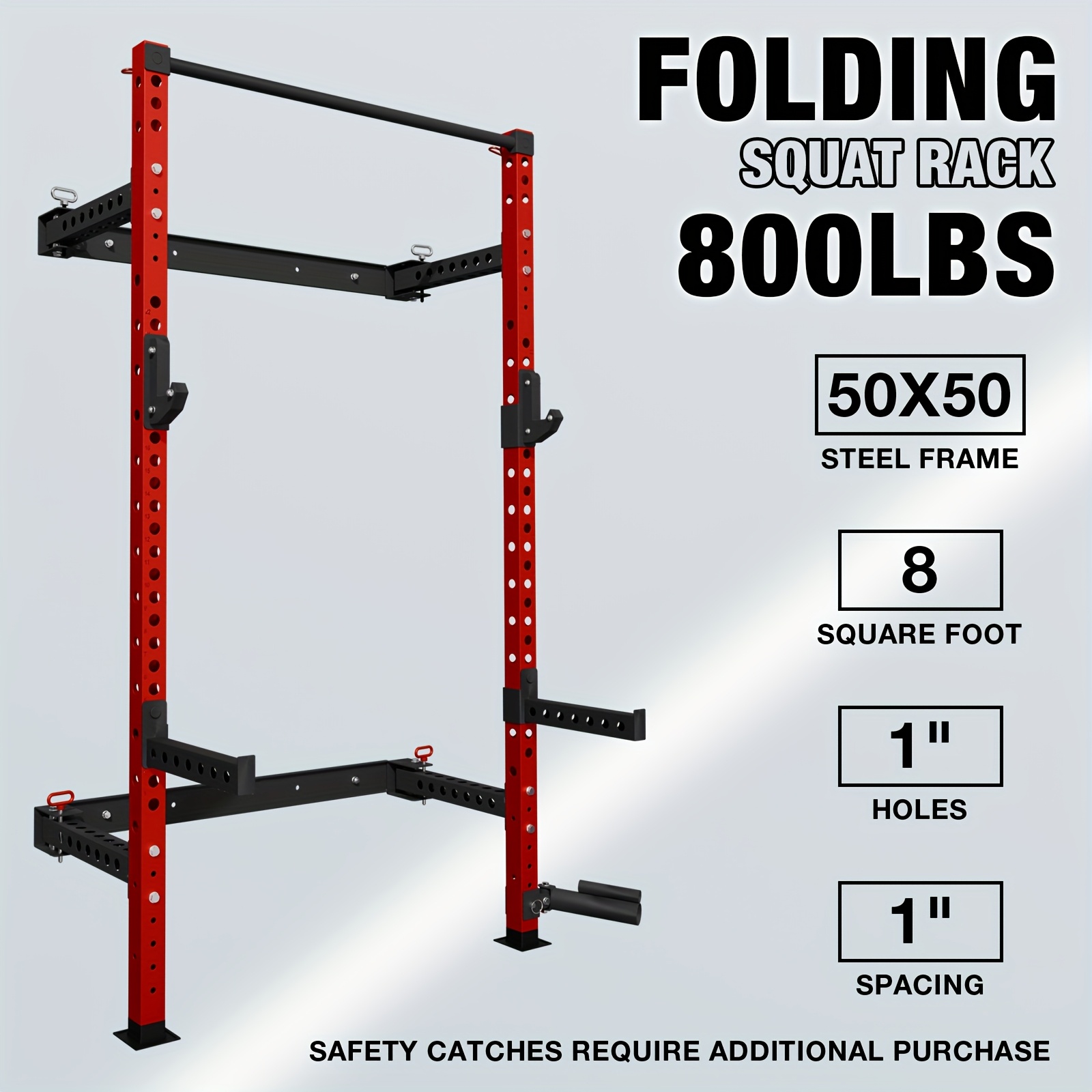 

2" X 2" Folding Wall Mounted Squat Rack, 800 Capacity With Pull Up Bar, J Hooks, And Other Attachments, Space-saving Home Gym