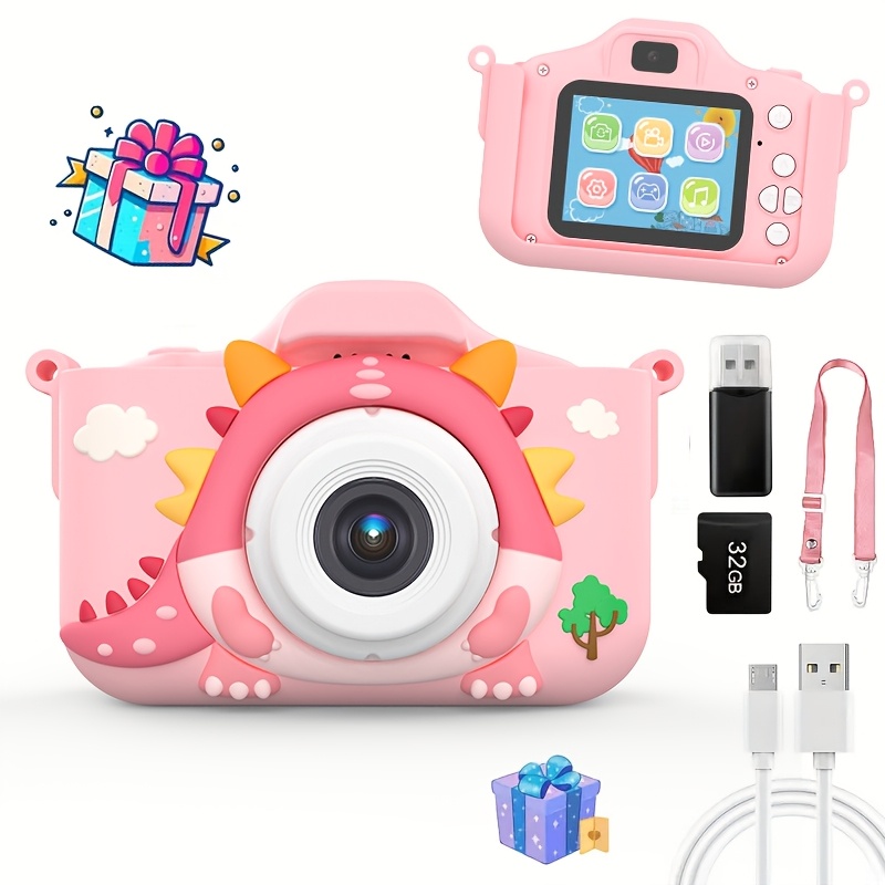 kids camera with front and rear cameras rechargeable hd digital selfie camcorder multifunctional portable toy camera with 32gb sd card reader usb charging games for children aged 3 6