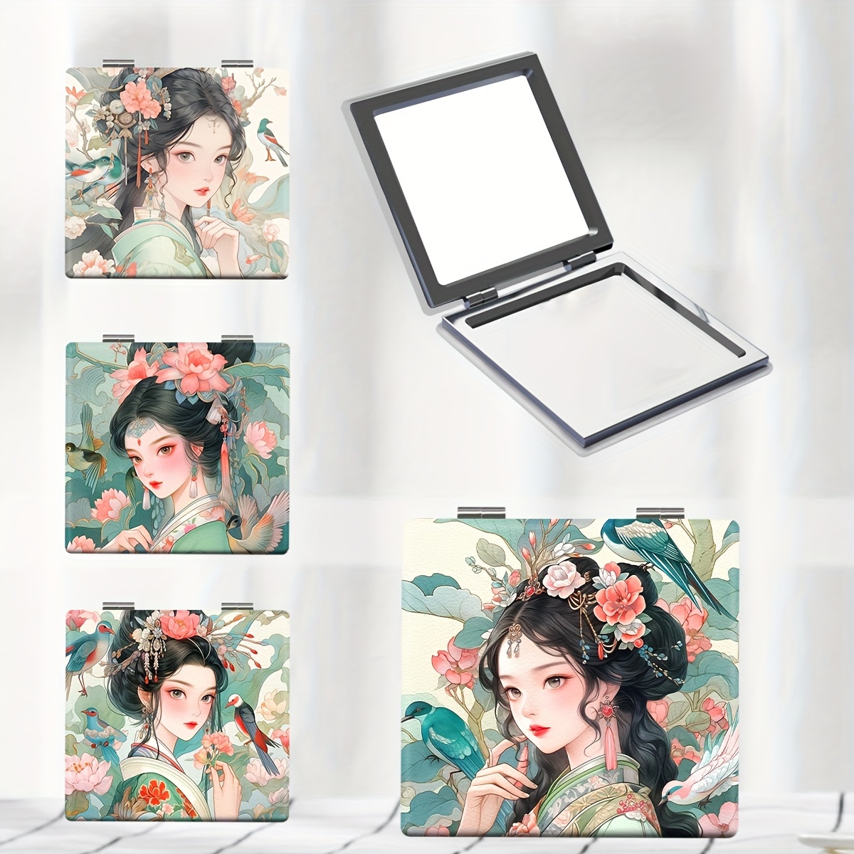 

1pc Portable Pocket Makeup Mirror, Foldable Hd Classical Oriental Retro Style Character Series Small Mirror, Outdoor Personal Care Supplies, Small Mirror Gift