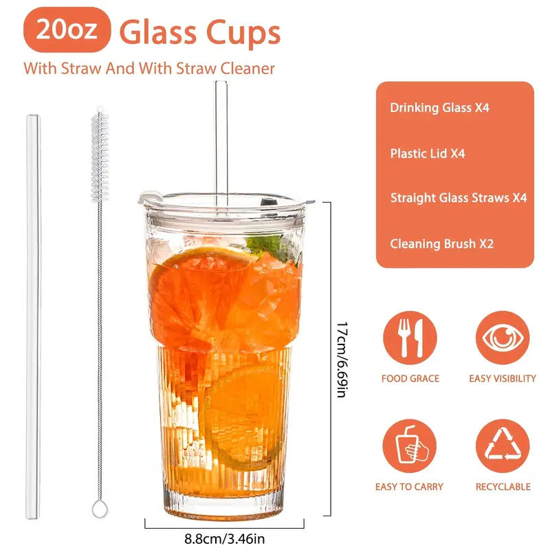 glasses with lid and straw set of 4 stylish ribbed design drinking cups for iced coffee cups juices smoothies cold drinks cleaning brushes included durable glassware Product details 2