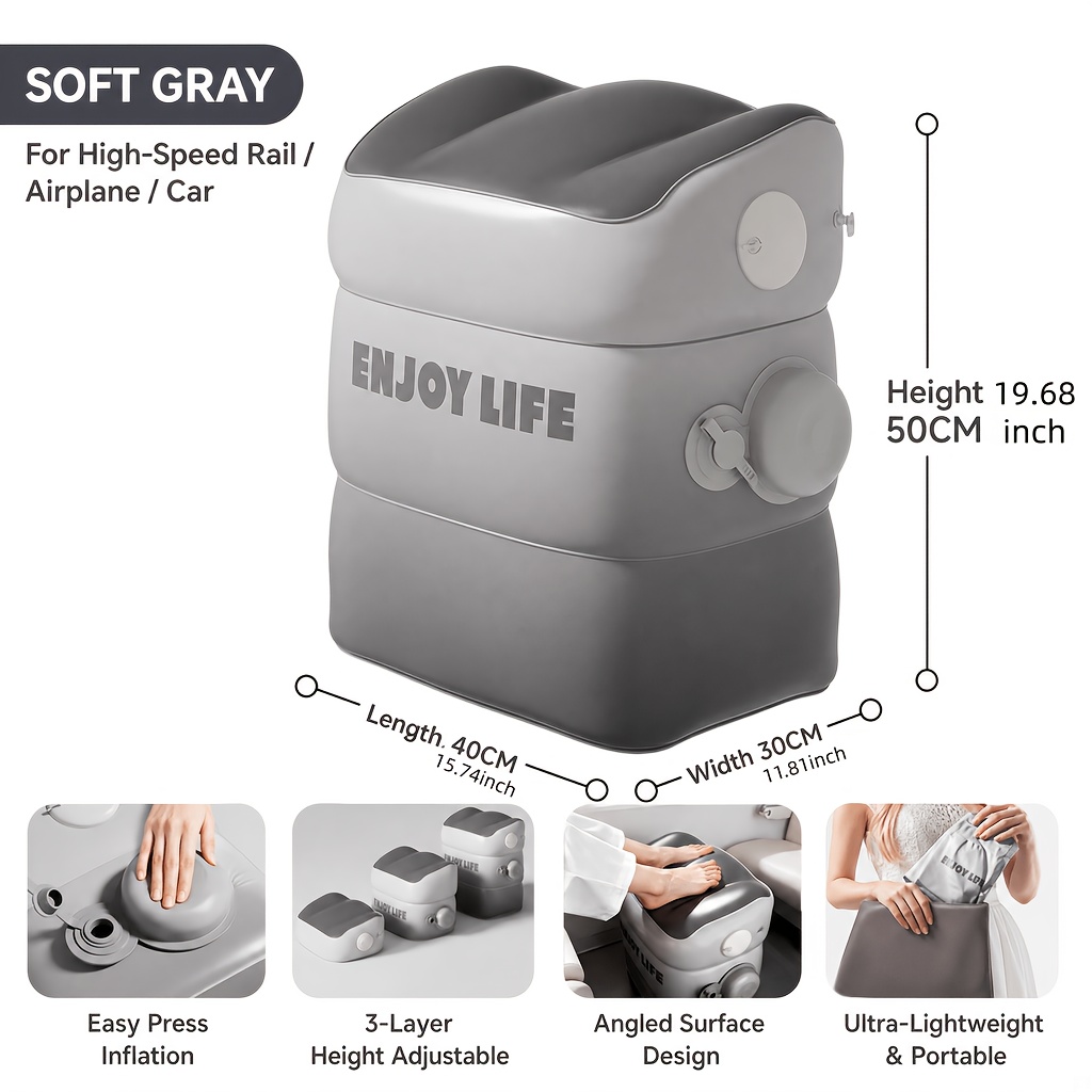 TEMU 1pc Inflatable Footrest With Three-level Height Adjustment For Easy Switching. -to-inflate Operation. Suitable For Home, Office, Car, Airplane,