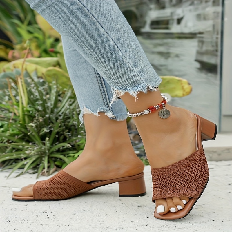 Women's Summer Elegant Chic Knit Slip-on Fashion Shoes, Mid-Heel Breathable Open-Toe Wedge Sandals with Thick Heels and Breathable Fabric