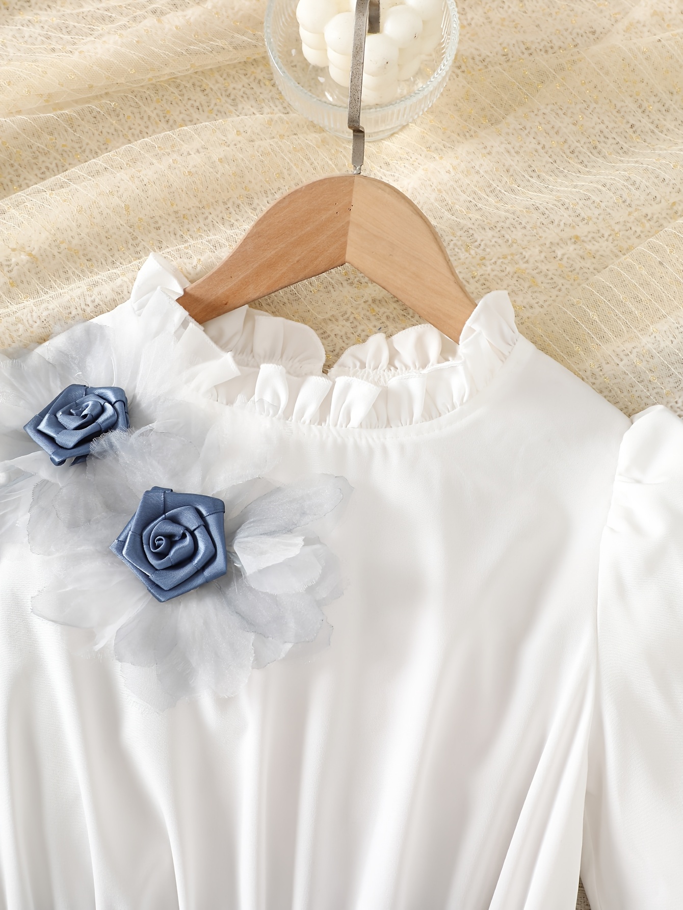 Girls' Blue White Tulle A-Line Dress with Bow Detail
