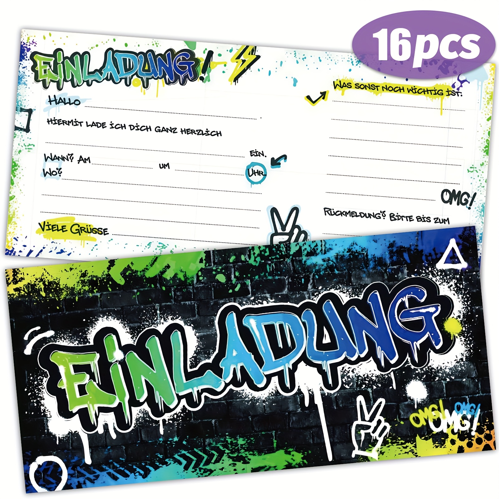 16pcs Creative Graffiti Invitation Watercolor Inkjet Design | Birthday Party/theme Party Invitation Card Hand Drawn Style Diy Card Main Invitation Card