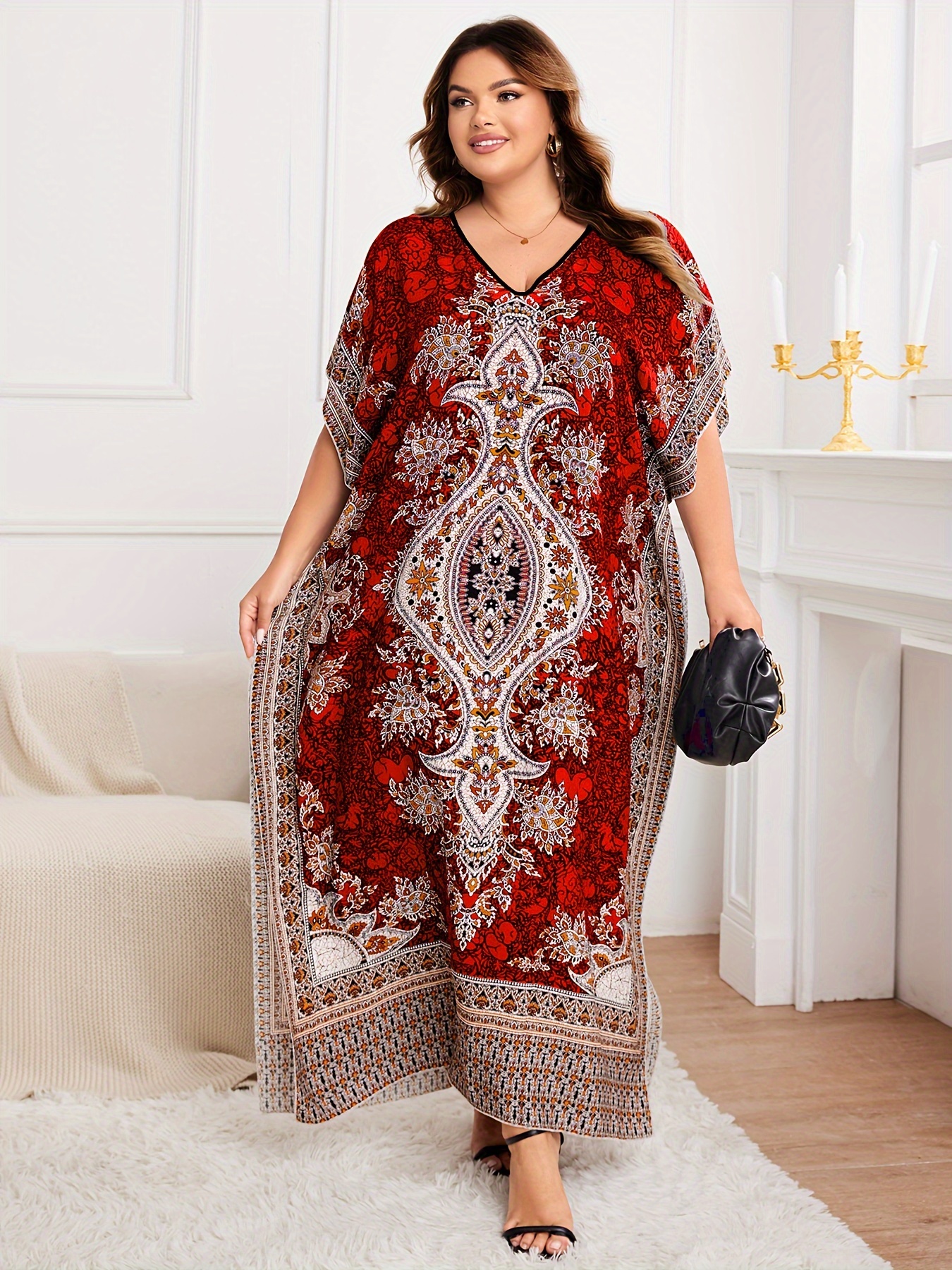Plus Size, 2026 Spring/Summer New Plus Size Elegant Women's Batwing Sleeve Robe, Bohemian Vacation V-Neck Loose Dress