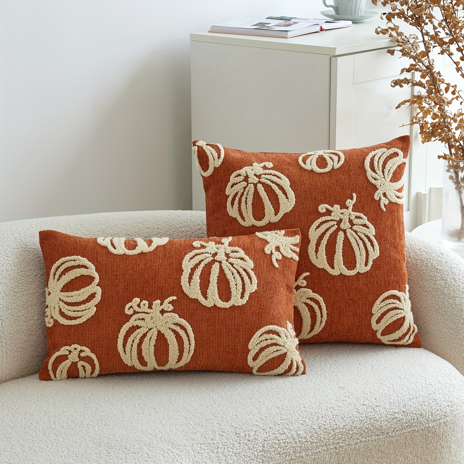 

Thanksgiving Pumpkin Embroidered Throw Pillow Cover - Orange, Zip Closure, Machine Washable, Polyester - Sofa & Home Decor (pillow Not Included)