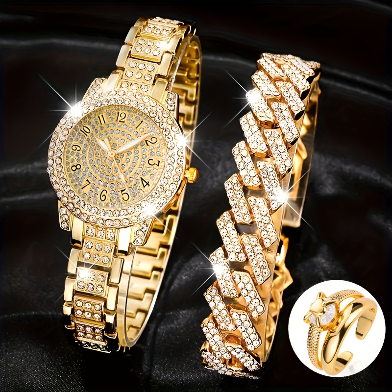 TEMU 3pcs Ladies Shiny Watch Set Fashion Casual Ladies Quartz Watch And Fashion Casual Hip Hop Bracelet Ring Set