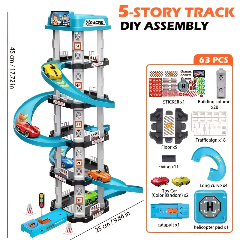 3d multi layer racing track set including 2 racing cars ejection launchers drift tracks helipads and gas stations assembled educational toys to   hand eye coordination and thinking   suitable for birthday and new year gifts details 2