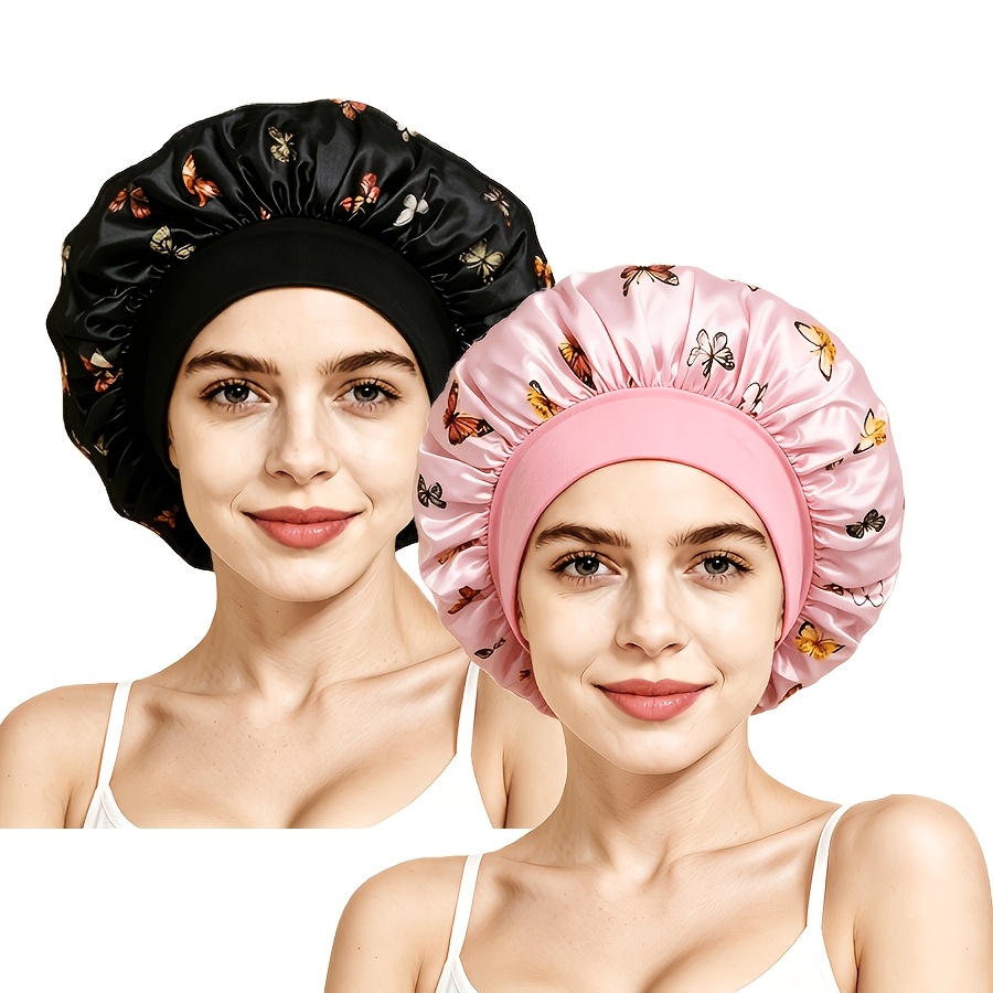 2pcs Butterfly Print Satin Hair Bonnet for Long Curly Hair