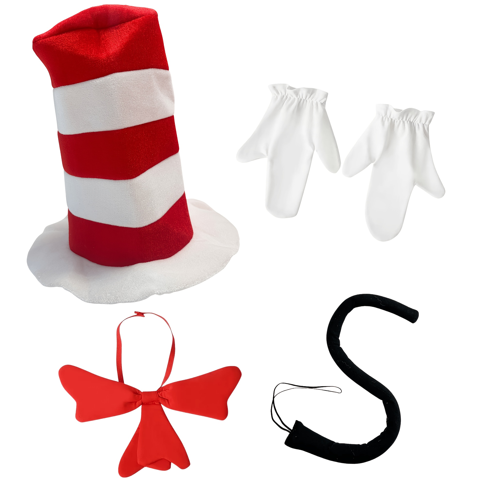 TEMU Halloween Red And White Striped Top Hat With Gloves, Bow Tie, And Tail Costume Party Dress-up Set