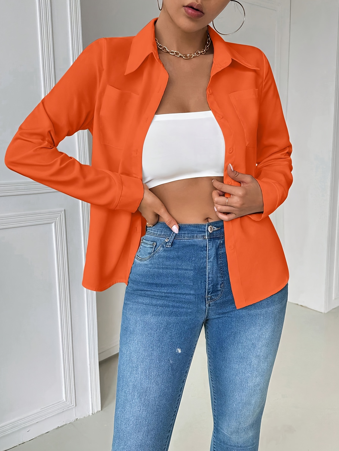 chemise à manches longues orange vif femme blouse Temu Mauritius