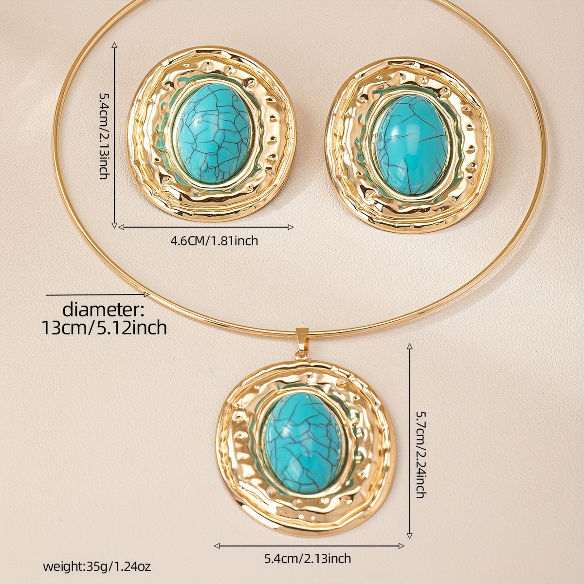 1pc collar 1pc earrings two piece set retro bohemian metal oval blue turquoise light luxury french style suitable for banquet gifts details 3