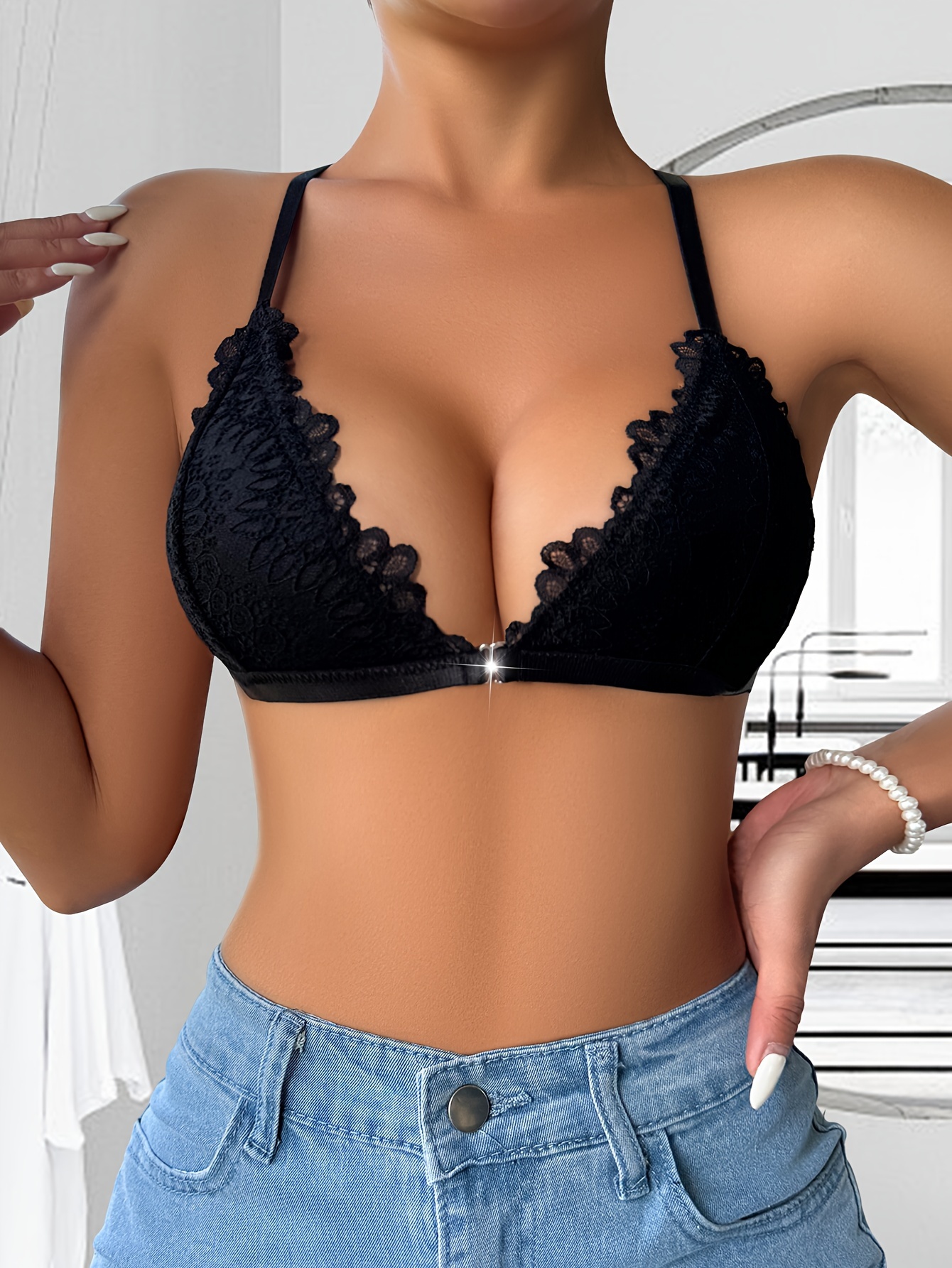 Women'S Fashion Lace-Up Bra Sexy Solid Color Nylon with Lace Splicing for Adults