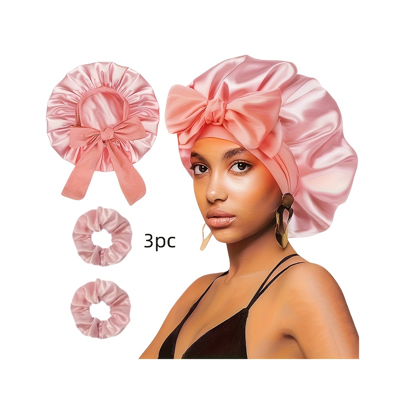 TEMU 3pcs Women' Cap Set, Suitable For Straight Hair, Curly And Braided Styles, Hair Cap With Bow Tie, Black And Pink , For Daily Home Use, Bedroom