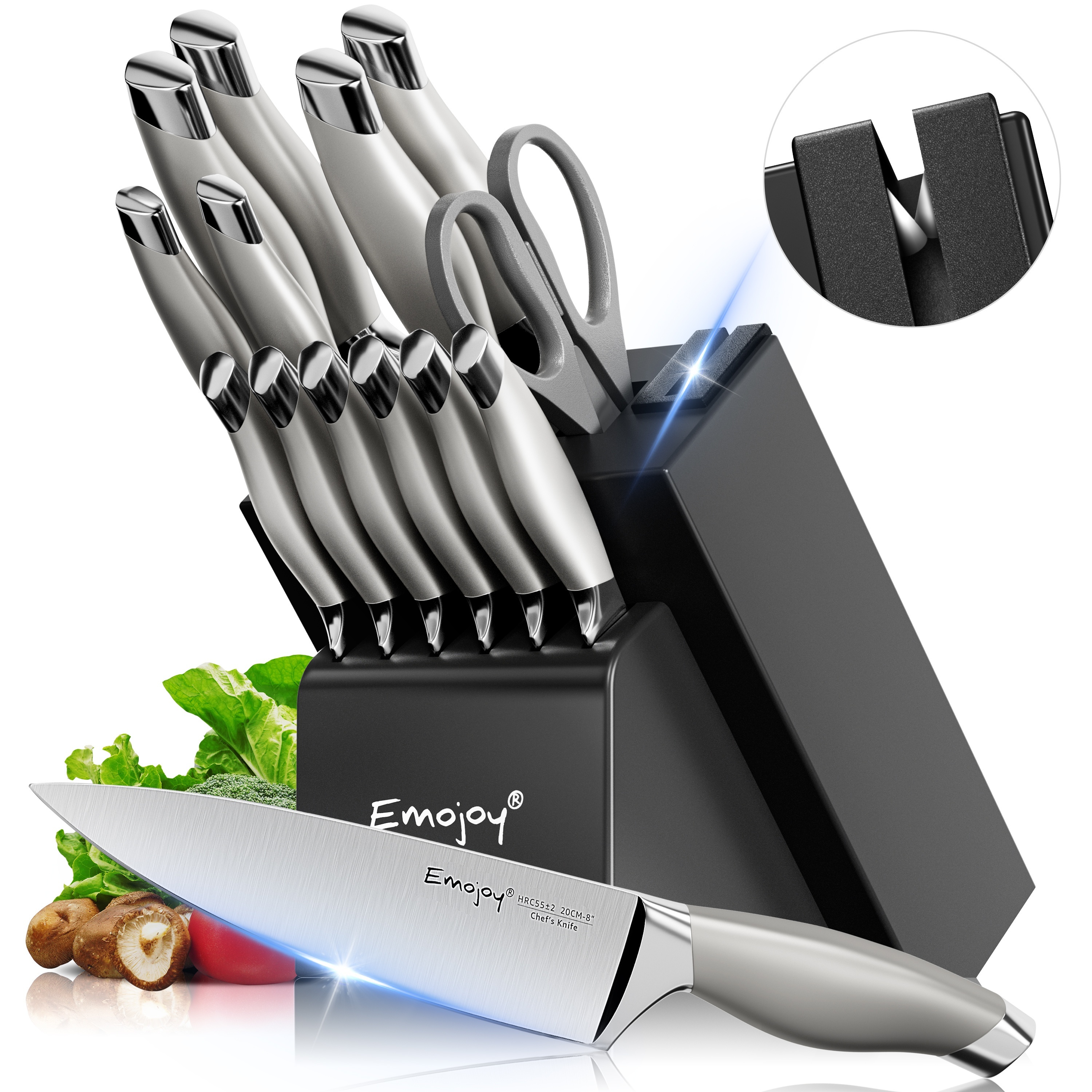 

Emojoy Knife Set With Block, 15 Pieces Kitchen Knife Set With Built-in Sharpener, German Stainless Steel Sharp Chef Knife Set With Hollow Handle, Dishwasher Safe And Rust Proof, Gift For Mom