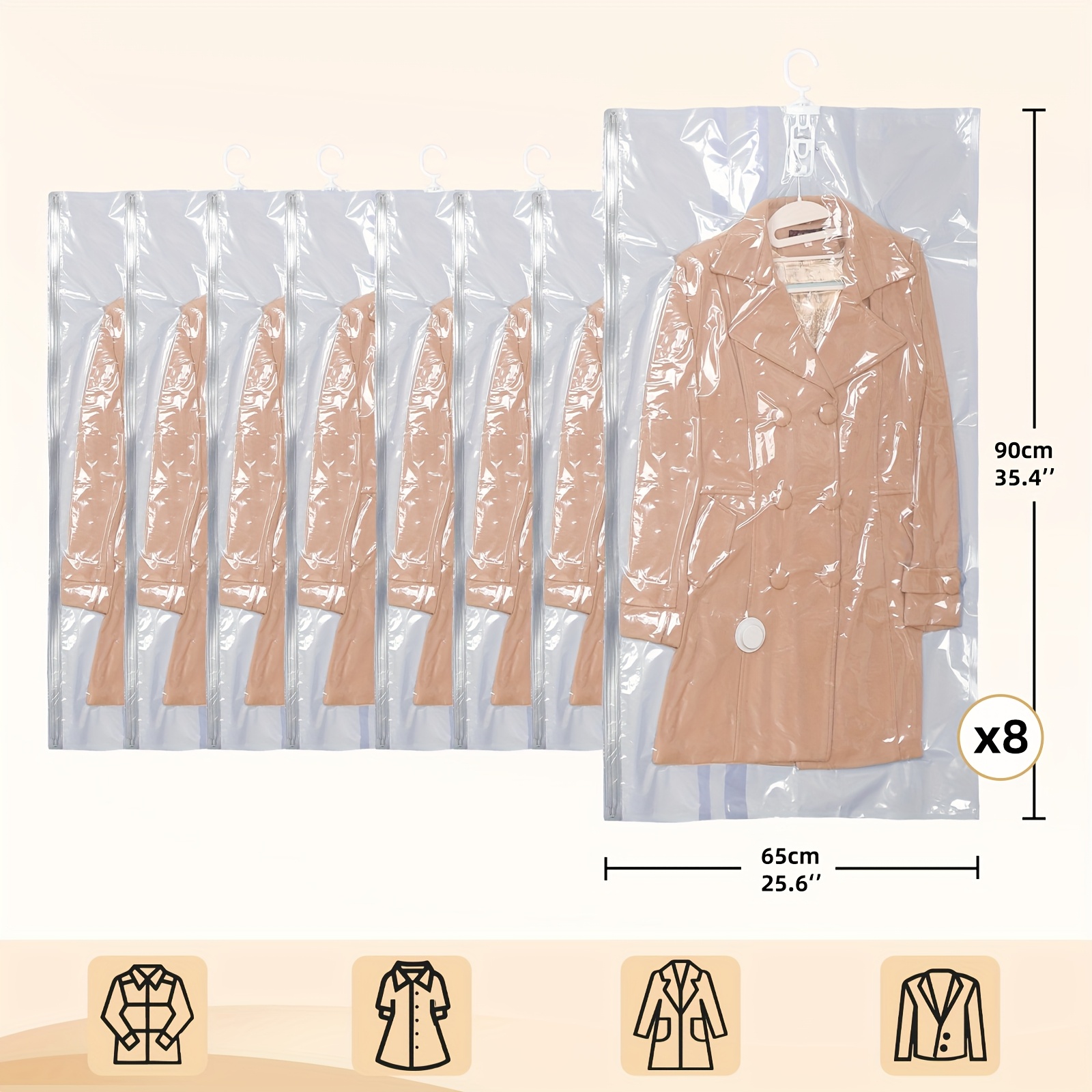 Image of 8pcs Hanging Vacuum Storage Bag Set, Space- Vacuum Sealed Bags, Extra Large And Large Sizes, Suitable For Seasonal Clothing, Dresses, Coats, Closet Storage Bags, With Heavy-duty Hooks, Reusable And