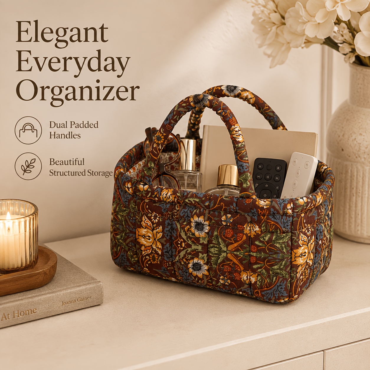 TEMU Petit panier de rangement en tissu avec poignée, convient pour coiffeuse, table de chevet, bureau, et pour cosmétiques et articles de première ,