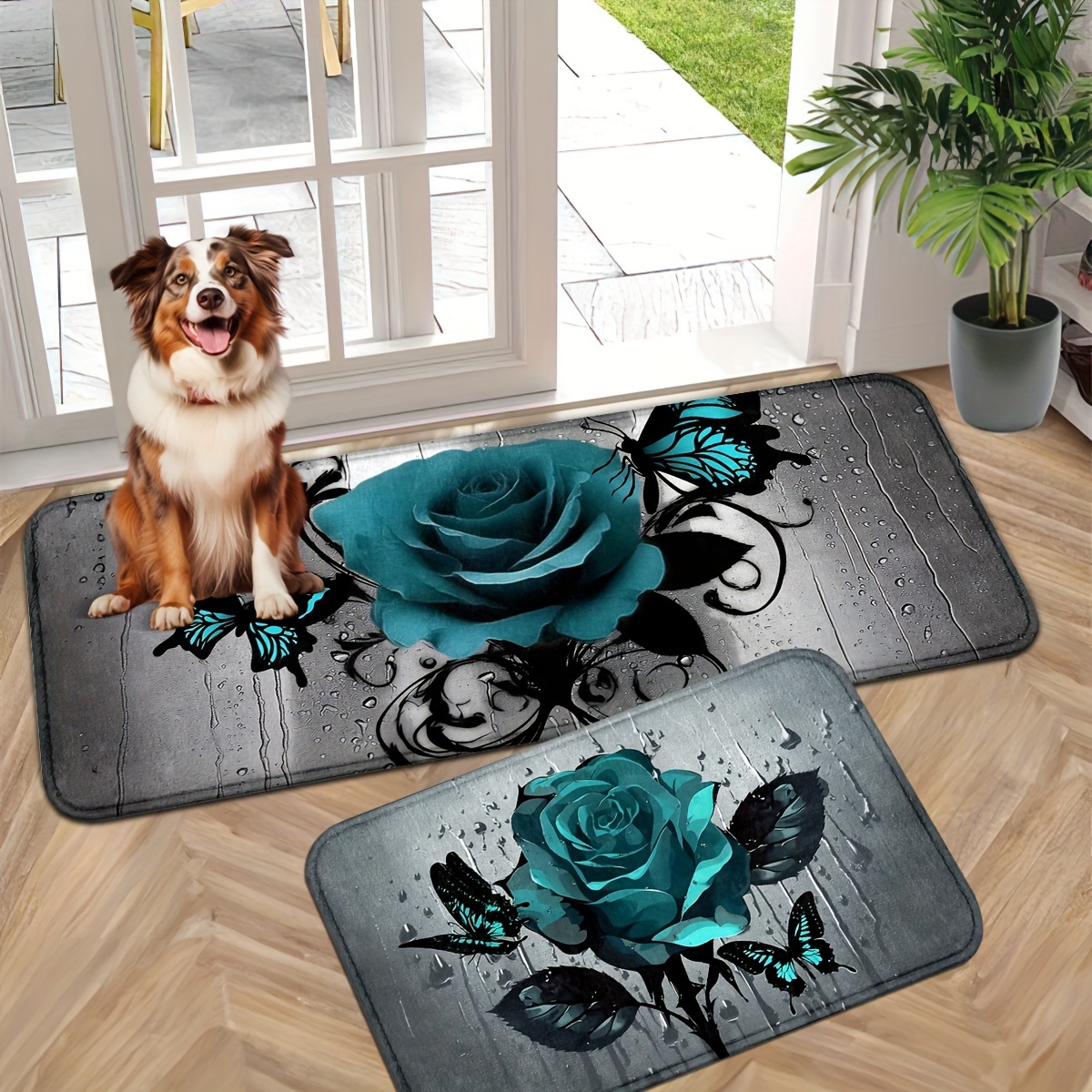 

Rose Blue Non-slip Knit Polyester Door Mat - Machine Washable, Machine Made, Comfortable Indoor Runner Rug For Home, Office, Kitchen, Bathroom, Laundry Room -