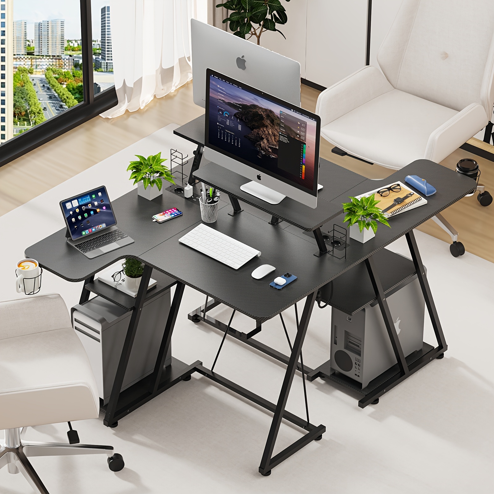 TEMU Mesa Gaming de 99X52X77Cm, con Superficie de Fibra de Carbono Negra, Diseño de L para PC, Soporte para Monitor, Portavasos, Gancho para