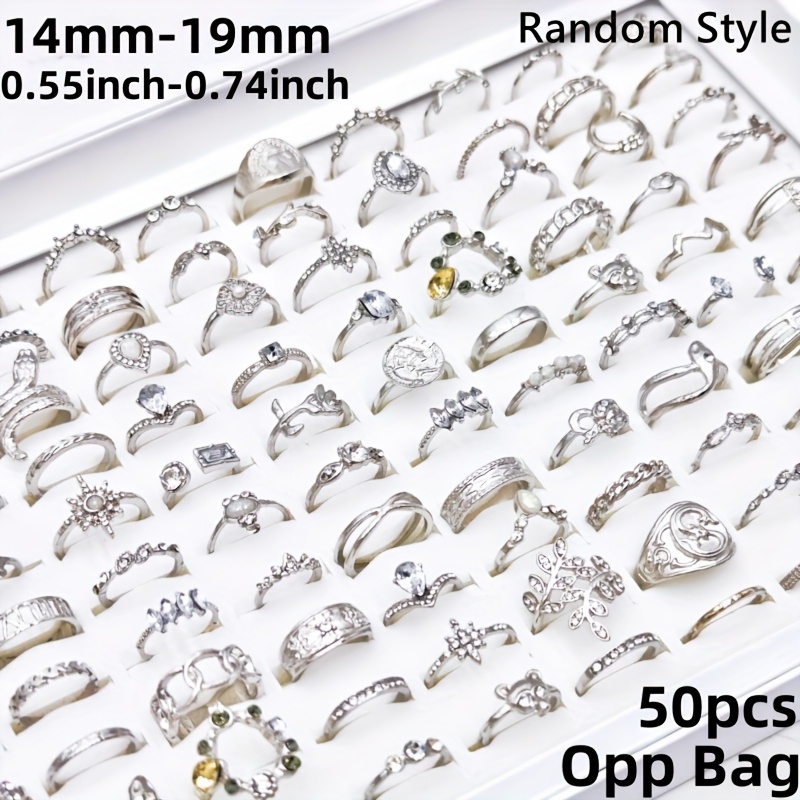 TEMU 50pcs/pack Men's Jewelry Set Retro Bohemian Style Silvery Color Alloy Material Mixed Women's Ring Heart-shaped Leaf Animal Oval Suitable For