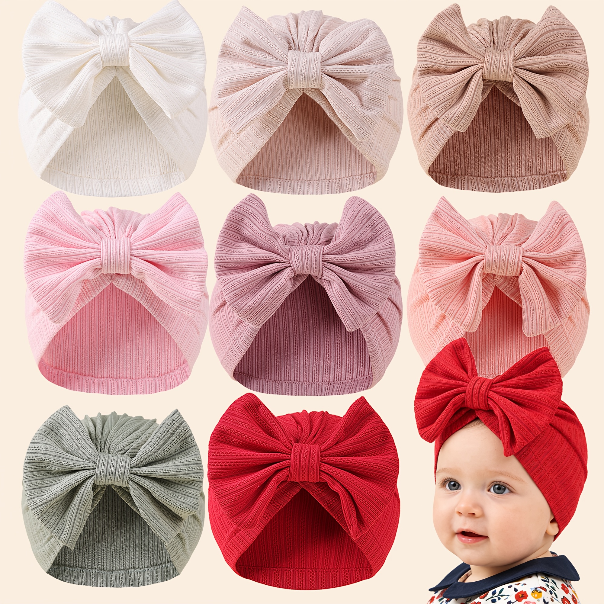 2 3 8pcs soft super elastic breathable solid striped fabric bow hat newborn headwear   style suitable for daily   best gift