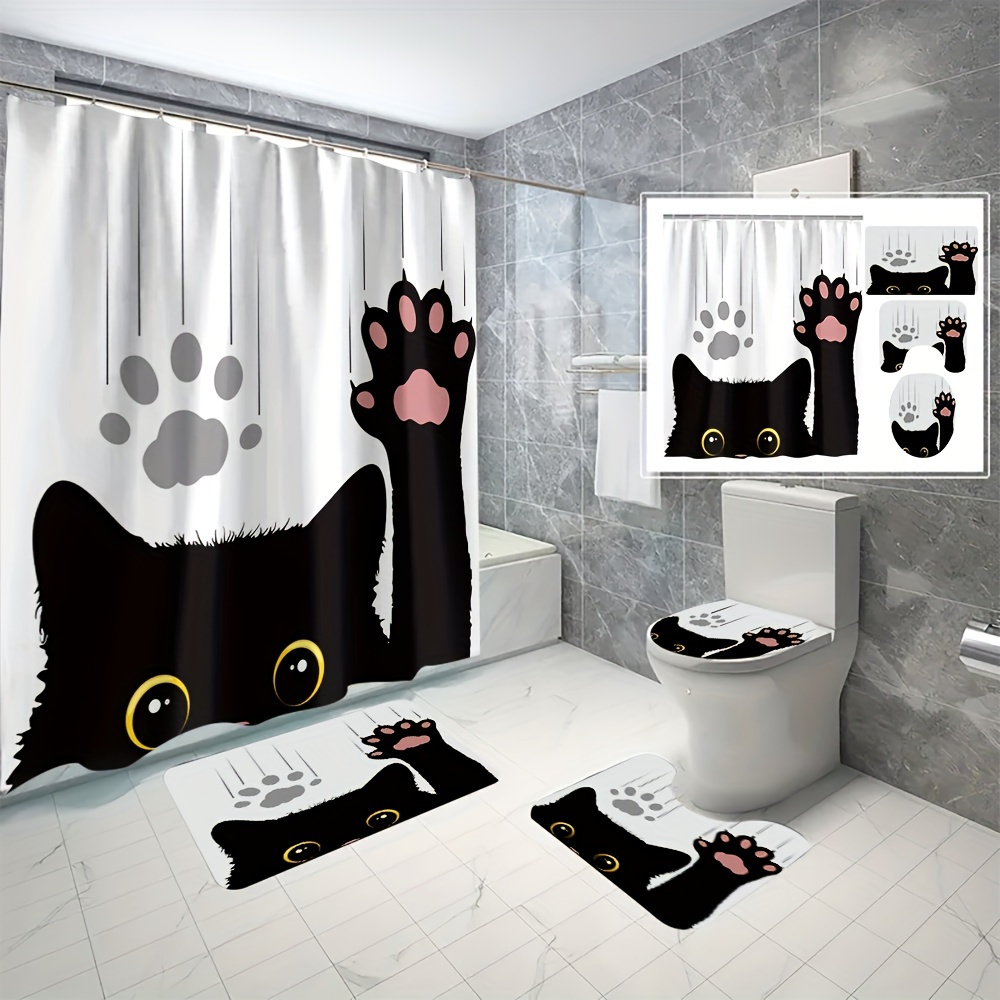 

4pcs Black Cat Bathroom Curtains, Digital 3d Printing, Waterproof And Mildew Proof Shower Curtain Set, Bathroom Curtains Without Punching Shower Curtains