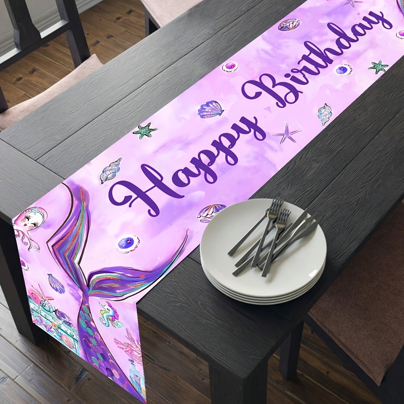 

1pc Table Runner, Mermaid Happy Birthday Table Runner, Kitchen Dining Table Decoration For Indoor Outdoor Home Party Decor, Table Decoration, Home Party Indoor Decor, Home Dustproof Stuff