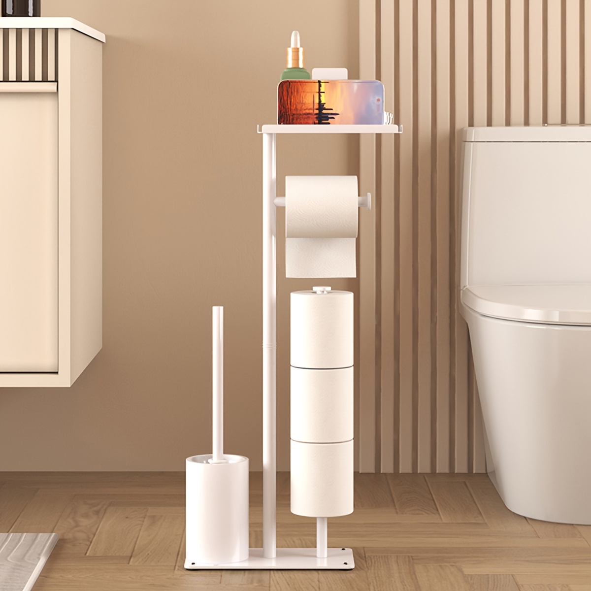1pc Freestanding Toilet Paper Holder with Storage - Self-Adhesive, Wrought Iron Bathroom Accessory for Tissues & Rolls, Toilet Paper Dispenser, Living Room, Christmas/Halloween Gift Decoration - Unfinished