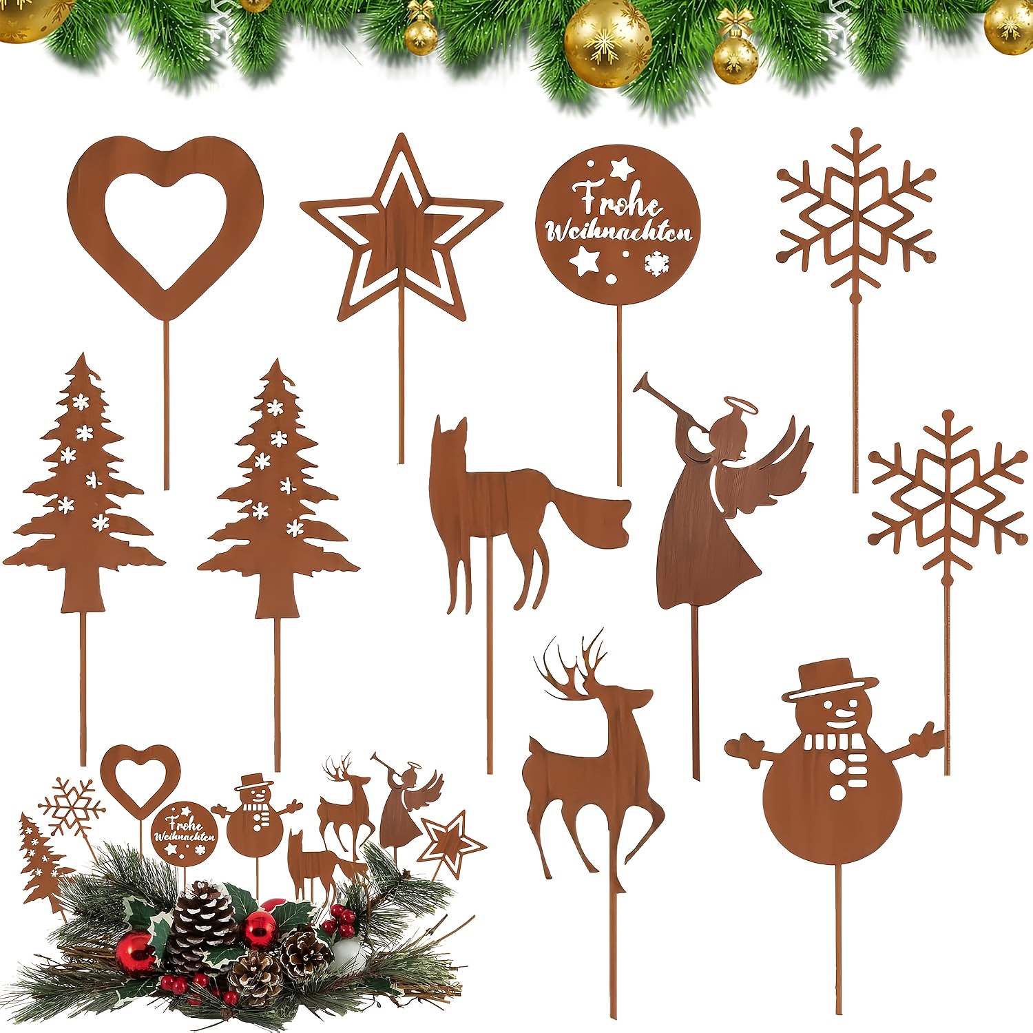 Image of 11pcs Rustic Metal Elk & Deer For Christmas - Outdoor Deer And Elk Shaped Decorations Suitable For Outdoor Garden, Patio, - Rustic Deer Statues, Rust Color, Christmas Decor