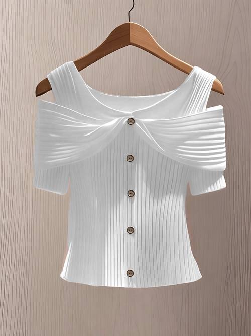 womens solid color button up off shoulder short sleeve ribbed t shirt