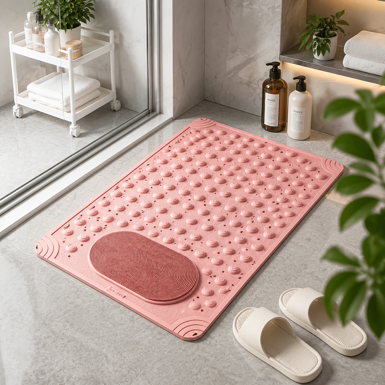 Bathroom Shower Mat With Foot Massage Section, Suction Base And Drainage , Household Bath Floor Mat