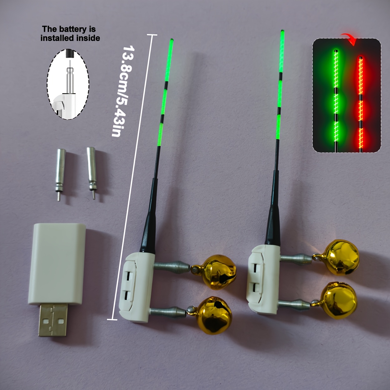 TEMU Kit de 5 pièces (2 piles + 2 indicateurs d'alarme de de pêche à changement de couleur + 1 chargeur de pile), piles avec chargeur, accessoires de