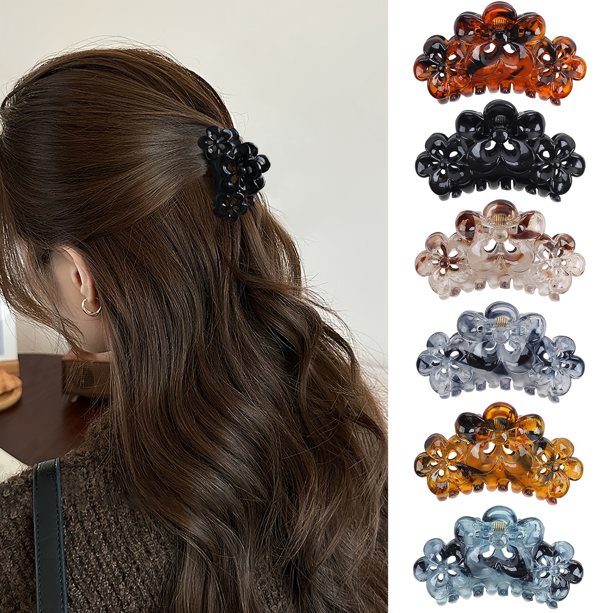 TEMU 6pcs Autumn And Winter Retro 5.5cm Leopard Print Flower Hollow Hair Claw Easy Glossy Transparent Flower Hair Claw Clip High Ponytail Fixed Hair Claw Half Tie Hair Bun Hair Clip Headwear