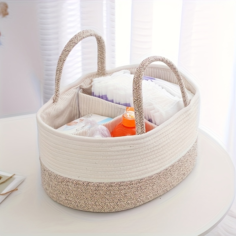 Large Capacity Handwoven Storage Basket with Dividers – Natural Beige Rope Design for Diapers, Bottles, Toys, and Laundry – Portable Organizer for Home, Bedroom, or Bathroom