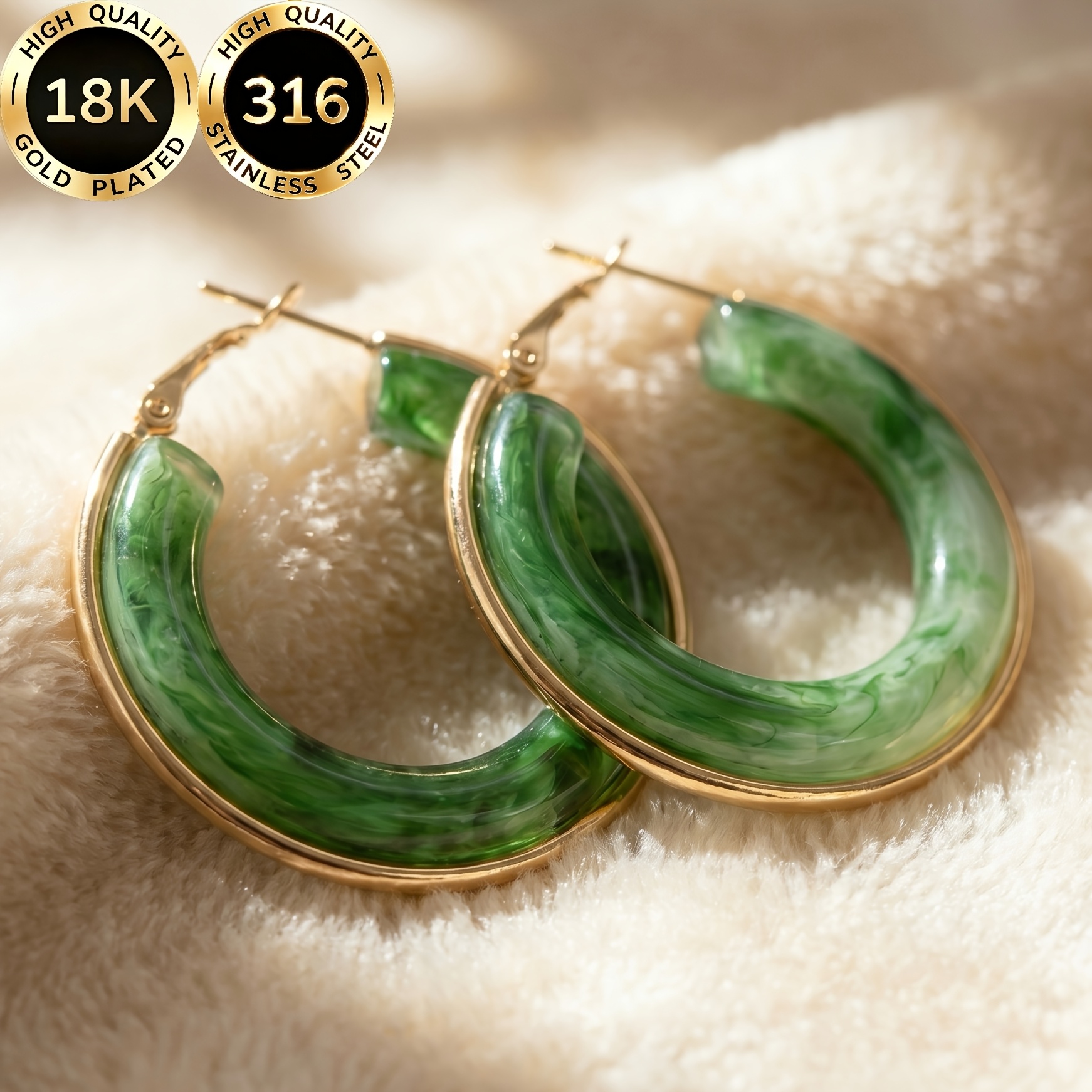 TEMU 1 Pair High-quality Steel 18k Golden Plated Hypoallergenic Face-shaping Light Luxury Elegant Round Green Resin Decor Women's Earrings Suitable