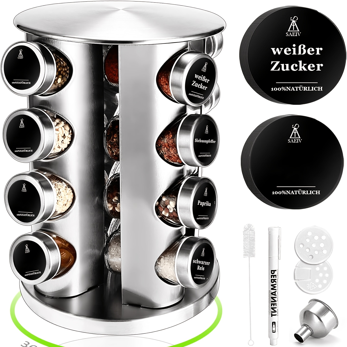TEMU Spice Rack, Spice Rotating Rack, Including 16 Round Spice Jars, 360-degree Rotating Stainless Steel Spice Storage Rack, Vertical Spice Rack,