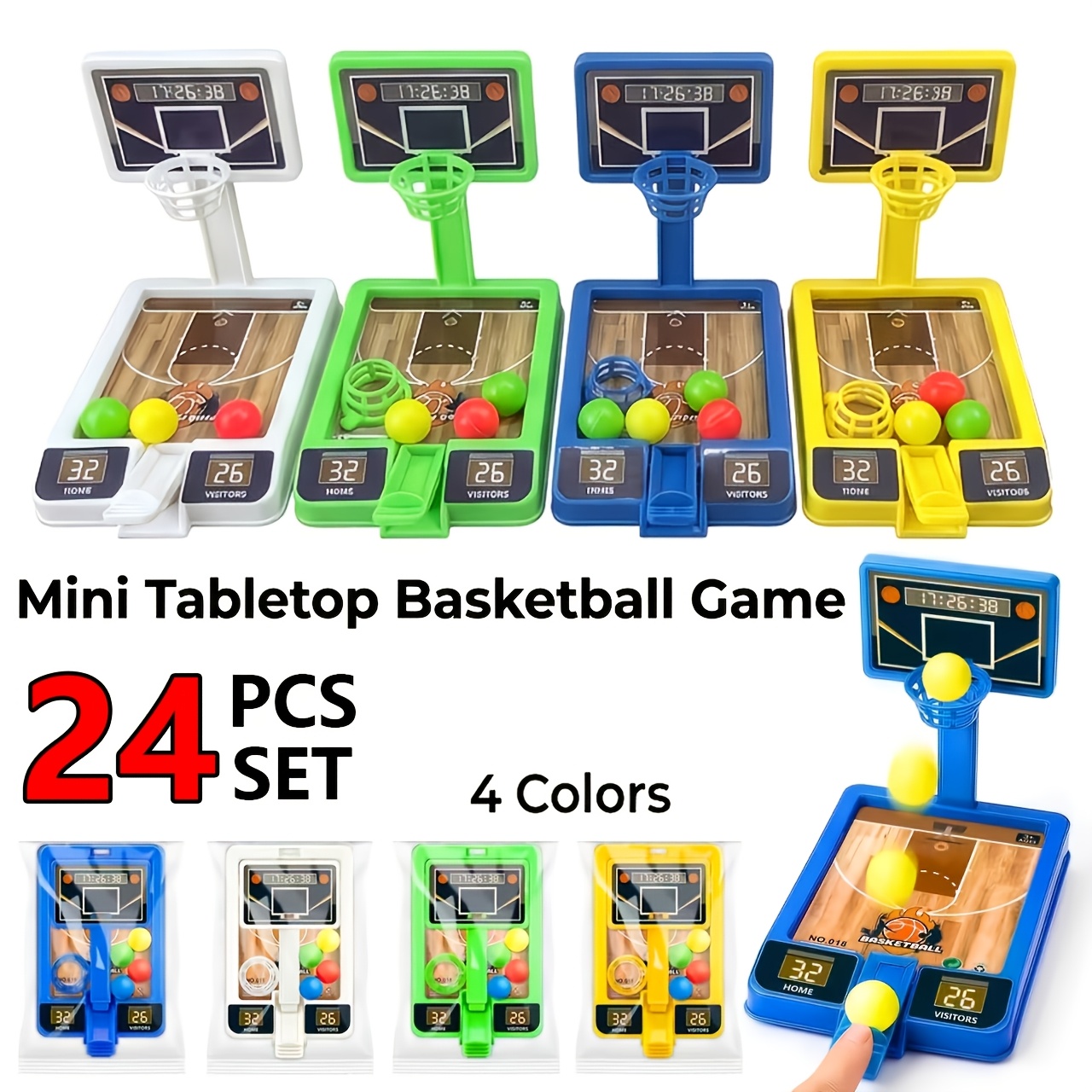 Lot de 24 machines de tir de bureau, jouets machine à basket, mélange de couleurs aléatoires, pack cadeau de fête, quatre couleurs de jouets de tir, jouets de fête de fin d'année, peluches (non électriques)